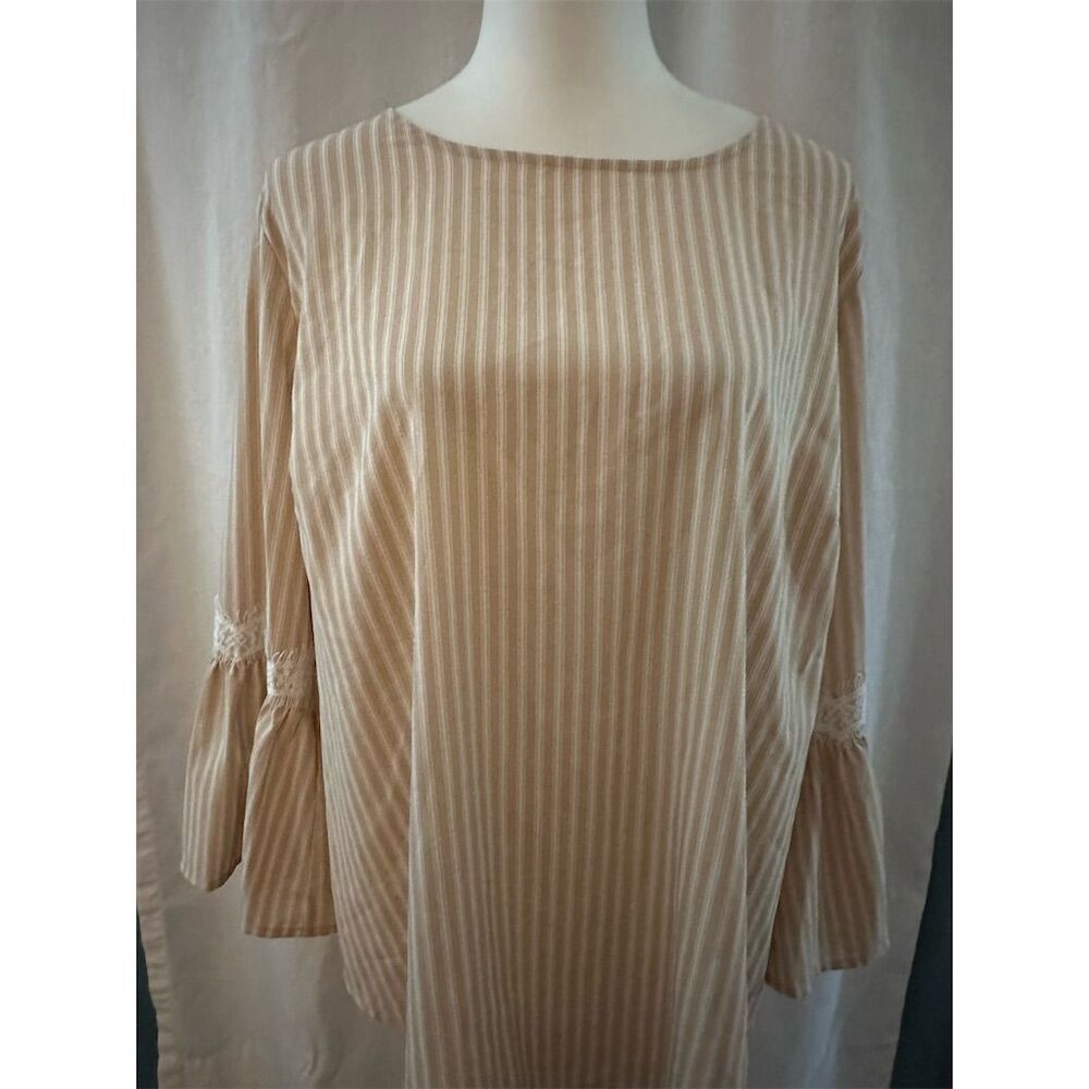 Du Jour Women's XL Tan Striped Bell Sleeve Blouse with Lace Detail